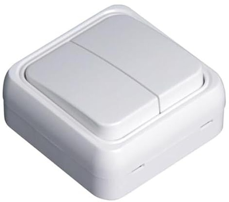 Doble conmutador de superficie blanco, 2 vías, para control de iluminación en habitaciones y optimización energética.