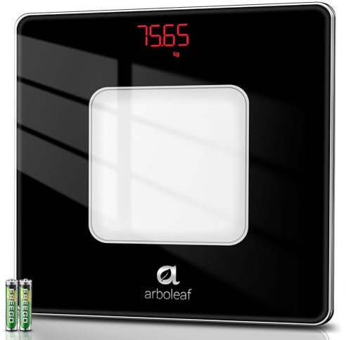 arboleaf Personenwaage hochpräzise digitale Waage mit Step-On-Technik und klarer LED-Anzeige, Waage Personen für Körpergewicht aus gehärtetem Glas 180KG inklusive Batterien(Schwarz)