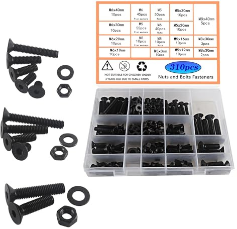 HVDHYY Schrauben und Mutter set M5 M6 M8 aus Kohlenstoffstahl Zylinderschrauben mit Flachkopf Schwarz Maschinenschrauben Muttern und Unterlegscheiben Sortiment kit mit Aufbewahrungsbox 310tück