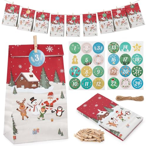 Calendario dell'Avvento 2025 da riempire, 24 sacchetti calendario dell'Avvento per il fai da te per bambini e adulti, calendario natalizio da riempire con numeri adesivi e clip in legno – rosso bianco