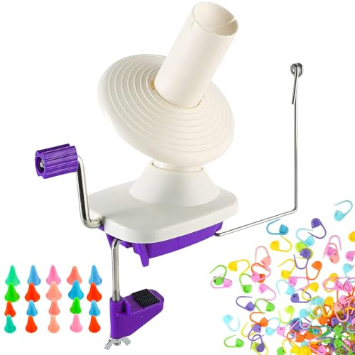 Garnkugelwickler, handbetriebener lila Kugelwickler für Garn, Garnwickler mit einfacher Installation zur Garnaufbewahrung, 20 Stück Stricknadeln, Spitzenschutz + 100 Stück Maschenstricknadeln