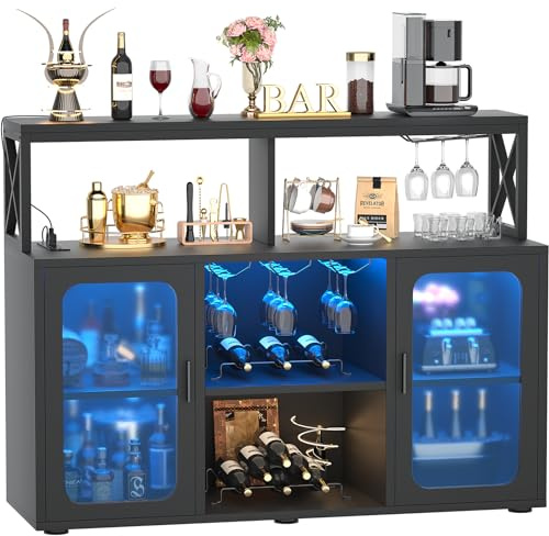 Aheaplus Bar Cabinet with Power Outlets, Liquor Cabinet with Led Lights and Glass Holder, Storage Buffet Cabinet Coffee Bar Cabinet for Liquor, Wine Cabinet with Racks -G2, Black