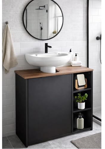 Dylex Bathroom Under-Sink Cabinet, 3 Shelves, 1 Door, 65cm x 30cm x 60cm, Black