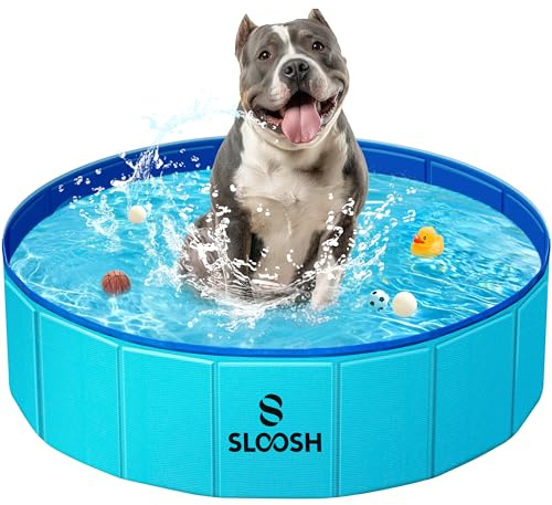 SLOOSH Foldable Dog Paddling Pool 32x8, Rigid Dog Swimming Pool Blue | Portable Hard Plastic Dog Pool, Anti-Slip Collapsible Doggy Pets Bath Tub, Ideal for Indoor Outdoor Backyard Cooling