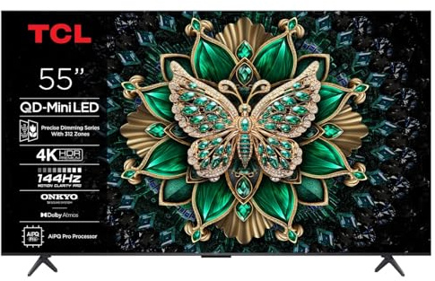 TCL TV LED 4K QD Mini 144Hz 55C69K 140 cm avec Google et système sonore Onkyo x Dolby Atmos 2.1