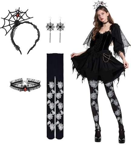YIMOJOY 4er Halloween Haarreif Spinne mit Spitze Halskette & Ohrringe & Sexy Strumpfhose Set,Gothic Kopfschmuck Spinnen Haarreif Halloween Accessoires Haarschmuck Damen für Karneval Kostüm Zubehör