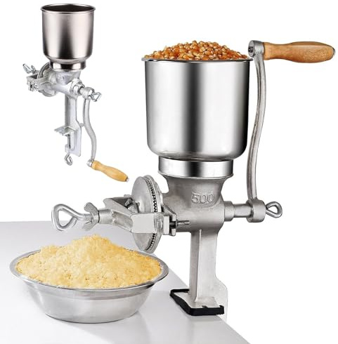 Molinillo de maíz de hierro fundido, molinillo de grano de manivela con tolva de 5.1 pulgadas y abrazadera de banco de 1.5 pulgadas, molinillo manual para avena, maíz, trigo, café, nueces
