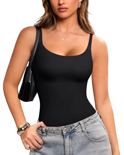 LODAY Compression Tank Tops Women Shapewear Tummy Control Body Shaper Scoop Neck Camisole Tops(Black,Large)