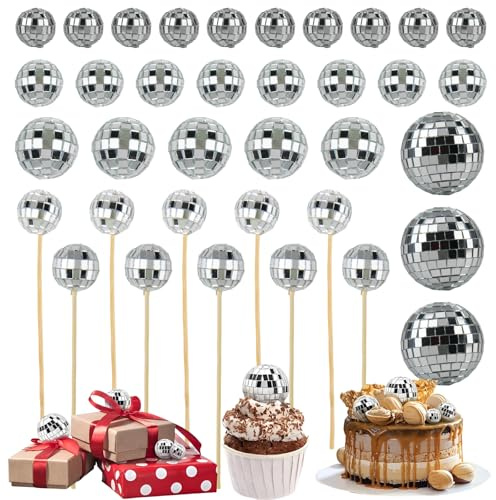 SJUNJIE 36 Pièces Boule Disco Deco Gâteau Plugin Mini Boule a Facette Décoration de Gâteau Disco Boules à Facettes Argent Disco Ball Convient pour Fête D'anniversaire de Musique