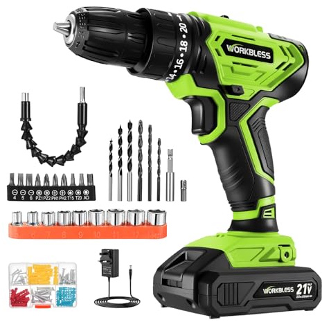 WorkBless 21V Power Drill with Battery 2000mAh and Charger Green | Cordless Drill with 40N.m Max, 3/8'' Keyless Chuck, 20+1 Torque Hammer Drills with 2 Speed, 28pcs Drills Set
