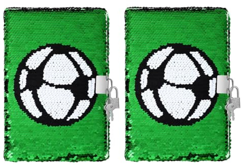 BESPORTBLE Diario Calcio con Lucchetto 2 Unitá per Ragazzi e Ragazze, Taccuino Reversibile con Paillettes, Fogli Verde Portatile e Protezione della Privacy per Scuola e Viaggio