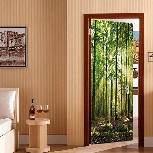 IKPHQF Stickers Porte 3D Trompe l'oeil Autocollant De Porte Interieure Arbre Vert Forêt Paysage Ensoleillé Mural Papier Peint Poster Amovible Muraux Stickers Chambre Salon Cuisine Décoration 77X200cm
