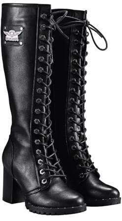 Dream Apparel Women's Faux Leather Lace Up Knee High Boots, Black Motorcycle Riding Boots with Chunky Heel, Sexy Biker Boots with Side Zipper (Size 8)