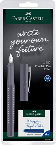 Faber-Castell 140834 - Füller Grip 2010, Federbreite M, dapple gray, inklusive 6 Tintenpatronen in blau