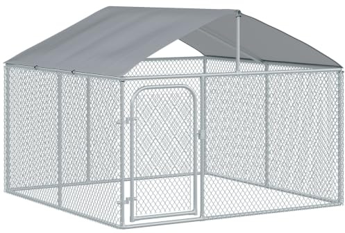 PawHut Perrera de Exterior con Toldo Jaula para Perros con 1 Puerta Anti-UV Impermeable y Marco de Acero para Jardín Patio 230x230x175 cm Plata