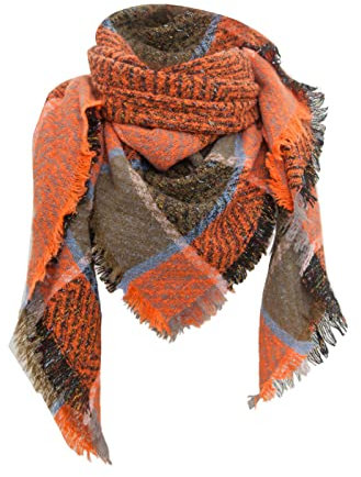 Damen Schal Warm Weich Strickschal Karo Winterschal Herbstschal Frauen Deckenschal Halstuch Scarf Herbst Winter klassischer Quasten-Plaid-Schal, Warmer, weicher, Dicker, Großer (Orange, One Size)
