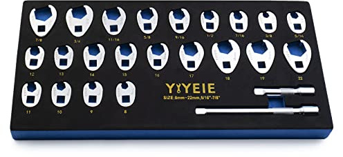 YIYEIE 3/8 Drive Crows Foot Wrench Set, 24PCS Flare Nut Crowfoot Wrench Set, Metric & SAE, 8-22mm & 5/16-7/8, CR-V Steel, Crows Feet Wrench Set with 2 Extension Bars, Line Wrench Set with EVA Foam