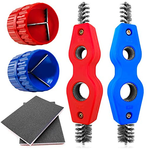 6 Pieces Copper Pipe Cleaner and Reamer Value Set - 2 Pcs Copper Pipe Cleaner, 2 Pcs Reamer and 2 Pcs Sanding Sponge, 4 in 1 Pipe Deburring Brush Tools for Plumbing PVC PPR Brass Aluminum Pipes