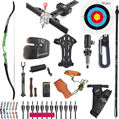 wolfman Bogenschießen Recurve Bogen Set Erwachsene 66/68/70 Zoll 12-40Lbs Bogen und Pfeil Set Praxis Bogen Wettbewerb Bogen Jagd Bogen für Bogenschießen Club Schießwettbewerb RH(Grün, 70/16Lbs)
