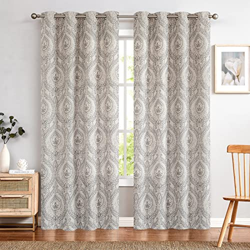 TOPICK Cortinas Opacas con Aislamiento térmico, con Ojales y diseño de Flores, Estilo Vintage, Aspecto de Lino, Cortina térmica para salón o Dormitorio, 2 Unidades, 130 x 245 cm (Ancho x Alto) Gris