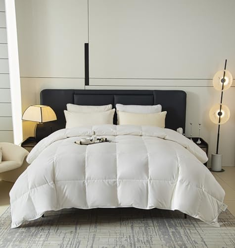 Eastwarmth Goose Feather Down Comforter,All Seasons 100% Cotton Feather Down Duvet Insert Medium Warm Quilted Bed Comforter, White King Size