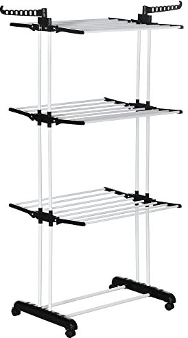 HOMCOM Wäscheständer Turm ausziehbar Standtrockner mit 4 Ebenen, klappbare Flügel, Rollen, Turmwäscheständer Wäscheturm Wäschetrockner für Innen und Außen, Schwarz 73 x 45,5 x 177cm