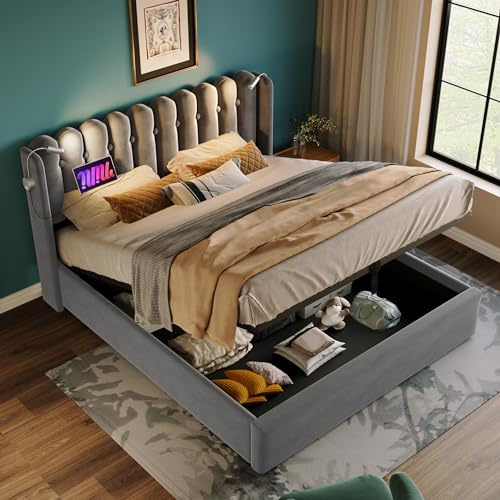 HESHU Polsterbett 140x200 cm, Doppelbett mit Hydraulisch Stauraum, Kopfteil mit Leselicht und USB Ladefunktion, Jugendbett Erwachsenenbett, Samt, Grau, ohne Matratze