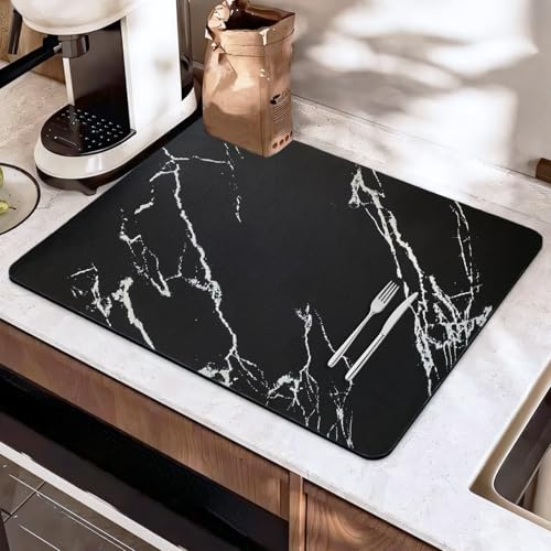 SOQKEEN Large Dish Drying Mat 60 x 40 cm, Black Marble Worktop Protector | Large Coverage, Fast Absorbing, Non-Slip Rubber Base, Ideal Under Dish Racks & Sinks, Protects Worktops, Easy Care