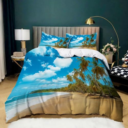 Bettbezug 240 × 220 cm, Blau Orange Bedruckter Bettbezug Bettwäsche Set Strandpalmen Bedruckter Bettbezug 1 Bettbezug Mikrofaser mit Reißverschluss und 2 Kissenbezug 80x80
