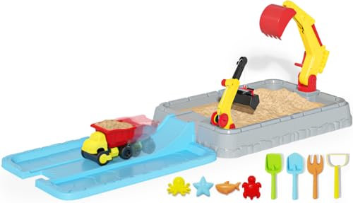 KIZJORYA Sandbox Sand Pit with Lid, Kids Construction Sand Box with Excavator, Crane, Molds for Sensory Play Digger Toys, Toddler Outdoor Indoor Sand Pit Toys for Boys Girls Ages 3+ (Gray & Blue)