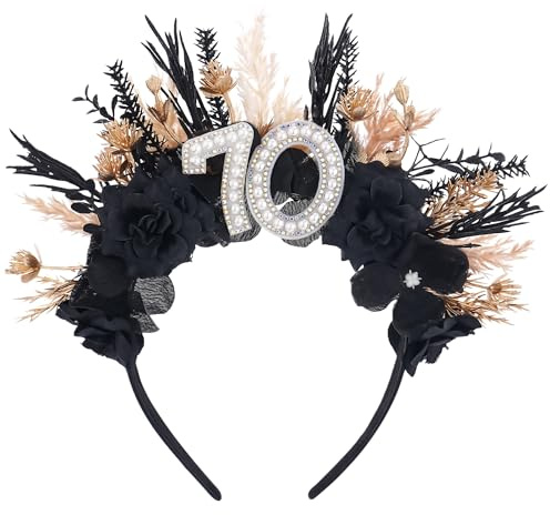 Serre-tête noir pour femme avec inscription « Happy 70th Birthday » - Cadeau pour maman, grand-mère - Décoration de fête de 70 ans - Pour séance photo