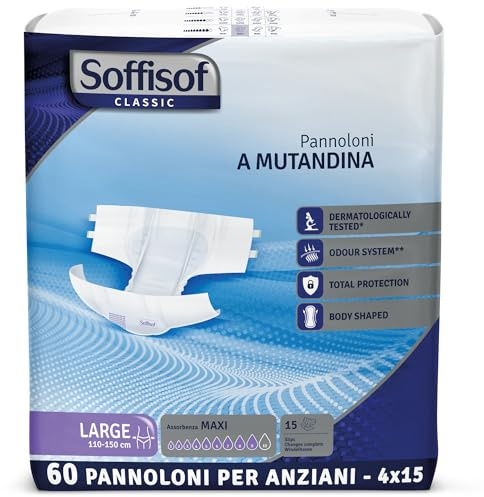 Soffisof Classic Pannoloni con Adesivi Maxi L - 60x Pannoloni per Anziani a Mutandina - 4 Confezioni da 15 Pezzi, Assorbenza fino a 9 Gocce - Ausili Incontinenza Uomo e Donna