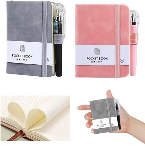 Lxtness libretas A7 Con pluma, juego de cuadernos de 2 piezas, pequeño, bloc de notas de 11 cm x 8 cm, Gris, rosa, cuaderno de bolsillo, diario de viaje, cuaderno de cuero