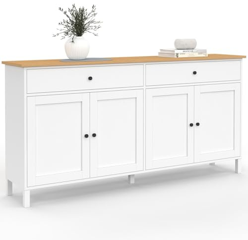 IDMarket - Aparador Achille de 160 cm, con 4 puertas y 2 cajones, blanco con tablero de madera