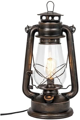 Dimmable Electric Lantern Table Lamp with line Cord dimmer and Edison Style Vintage Bulb-Rustic Rust Finish