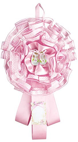 Coccarda Nascita in Tulle decorato con nastrino a pois, nastri in raso, applicazione di un decoro in resina e pergamena in cartoncino per scrivere il nome e la data, scarpine rosa