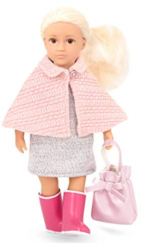 Lori 45714 Puppe Elizabeth, 15cm, Lange Blonde Haare, Blaue Augen, ab 3 Jahren, Stehpuppe, beweglich, weicher Körper, Cape, Stiefel pink, Wollkleid, mehrfarbig