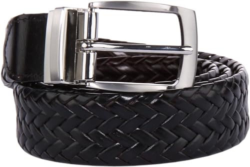 JUSTINREESS ENGLAND London Herren-Gürtel, wendbar, gewebt, Vollnarbenleder, 3,3 cm, lässig, kratzfest, Zinklegierung, Schnalle, schwarz/braun, 34W
