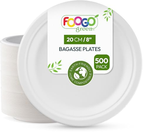 FOOGO Green 50 Piatti Monouso Canna da Zucchero, Tondi 20cm, Compostabili | Fibra di canna da zucchero, biodegradabili e compostabili, resistenti a cibi caldi, per feste, picnic e asporto