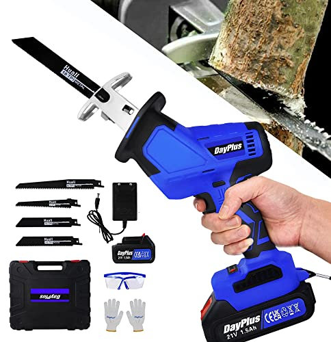 AUTOFU Scie Sabre Électrique 21V, Scie Sabre Sans Fil, 4 Lames, Vitesse Variable, Longueur de Course 15mm, Scie Électrique Sans Fil pour Couper Bois, Métal, PVC