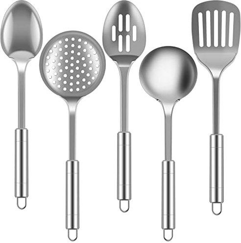 Airener 5Pcs Kitchen Utensils Set, Heat Resistant Kitchen Stainless Steel Cooking Spoons Spatula with Hanging Hole, Non-Stick Cooking Tools, Dishwasher Safe