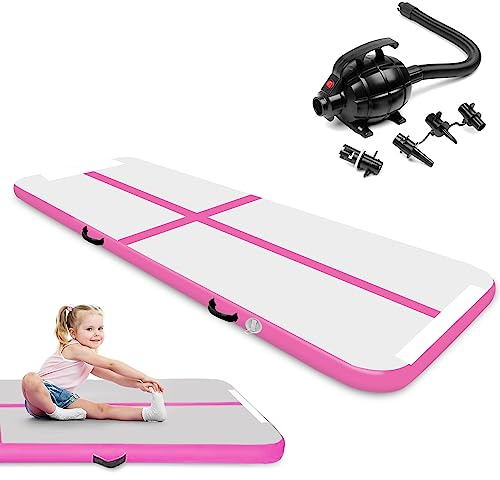 3M / 4M Inflatable Gymnastics Tumbling Mat 10cm Thickness Air Floor Mat Tumble Track for Home Use/Training/Yoga/Water Fun/Pilates with Electric Pump (3m, Pink (with pump))