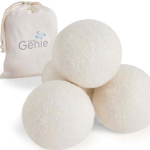 HOME GENIE Wool Reusable Dryer Balls XL, Anti Static Fast Drying Laundry for Pet Hair, Reduces Clothing Wrinkles, Lint, Natural Fabric Softener Essentials, Replace Dryer Sheets, Over 400 Loads 4 Pack