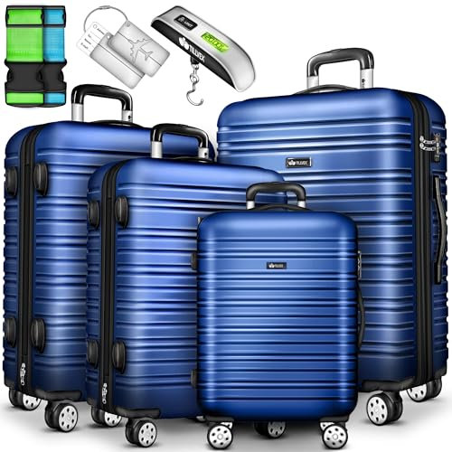 tillvex® Reisekoffer Set 4-TLG. + Gepäckwaage, 8X Koffergurte und 4X Kofferanhänger | Kofferset 4 Rollen | Trolley Gepäck Koffer TSA Schloss | Rollkoffer Hartschalenkofferset S-M-L-XL
