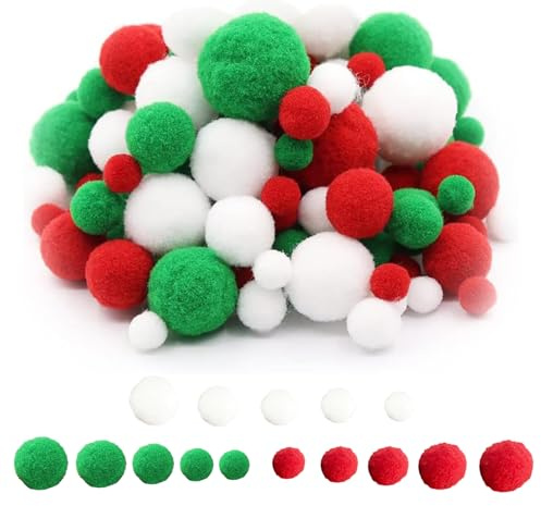 130 Mini Pompon Colorati, 10/15/20/25/30 mm, Pompon Per Bambini, Pom Elastici Colorati Palline, DIY e Decorazioni, Craft Pompon, Natale, Feste, Divertenti Fai Da Te, Artigianato(Rosso, Verde, Bianco)