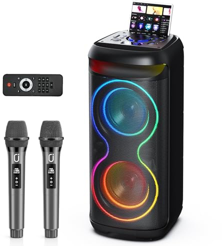 HWWR Machine de Karaoké avec Microphones pour Adultes, Grande Enceinte Bluetooth pour Fêtes avec Lumières Disco LED, Compatible TWS/USB/AUX/Carte TF, Idéal pour Extérieur, Maison et Scènes