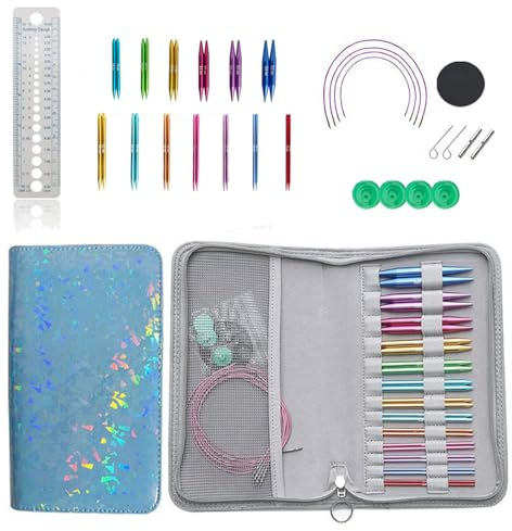 Rundstricknadel Set, stricknadeln set, Auswechselbare Rundstricknadeln Set mit Etui und Zubehör, 13 Paare Rundstricknadeln Größen von 3 mm bis 10 mm Aluminium Austauschbare Rundstricknadeln
