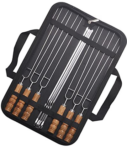 Happyyami 10 Brochetas De Acero Inoxidable Para Barbacoa Mango De Madera Brochetas Bolsa De Almacenamiento