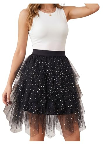 WERFORU Damtyllkjol underkjol tutu hög midja A-linje tutu kjol midikjol sommarkjol, B-svart paljetter, M