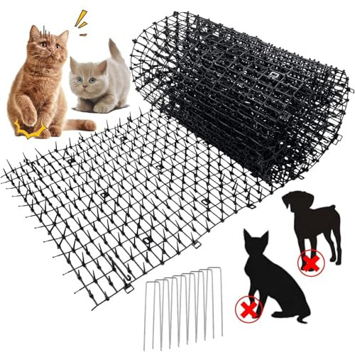 Anti Cat Spikes,200x30cm Cat Deterrents for Gardens Plastic Cat Scat Mat with Spikes Cat Repellent Mat 8 U-shaped Pegs Cat Deterrent Spikes for Garden Fence Dogs Cats Foxes